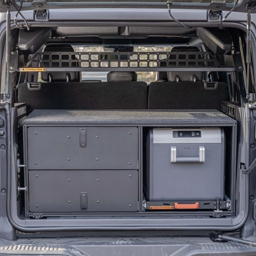 Ford Bronco  drawer system with a slide-out fridge tray by Expedition-Gear – view of the storage system installed inside the 4x4 vehicle.
