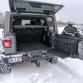 Jeep Wrangler Cargo Area with an Expedition Folding Tailgate Table and Expedition-Gear Overhead Shelf Installed