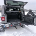 Jeep Wrangler Cargo Area with an Expedition Folding Tailgate Table and Expedition-Gear Overhead Shelf Installed
