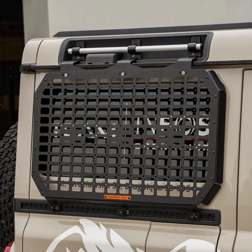 Expedition-Gear Ineos Grenadier Exterior MOLLE Panel – Side Window Mounted on a 4x4 Vehicle